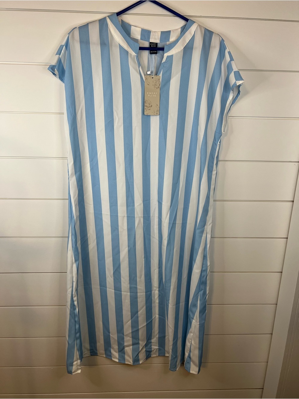 Light Blue & White Vertical Stripe Midi Dress — Casual V-Neck